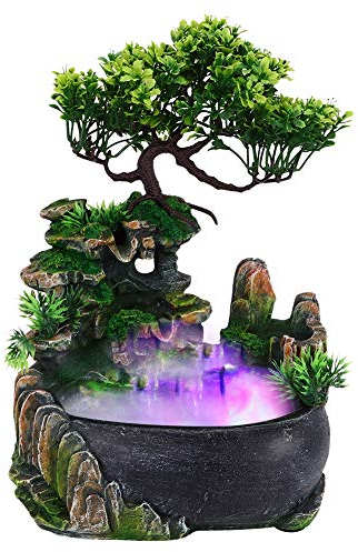 Luftbefeuchter Wasserfall Desktop Brunnen Dekor, Mini Indoor Desktop Wasserfall Brunnen Steingarten Wasser Brunnen Dekoration, Zimmerbrunnen mit Beleuchtung Dekoration(EU-Stecker 220V)