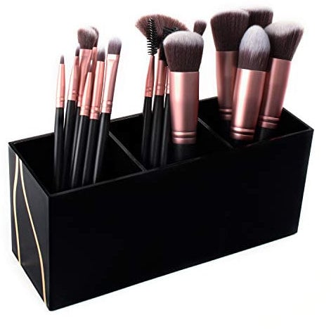 Cosmetic Makeup Organizer for Lipstick, Eyeliner Brushes, Lip Pencil Display Rack 3 Slot Vanity Top Holder (Black Gold)