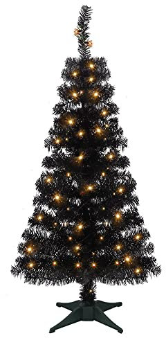 Juegoal Lighted Artificial Halloween Black Christmas Tree, Pre-lit 4 FT Black Tinsel Xmas Pine Trees, Light up with 70 LED Lights Battery Powered, 8 Modes & Timer for Home Office Party Decorations