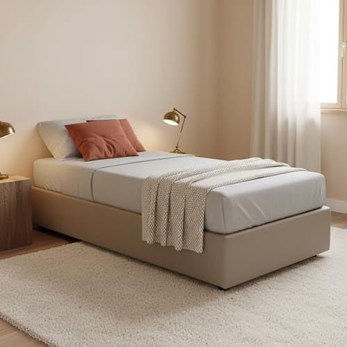 Talamo Italia - Einzelbett Federica, Bettkasten mit Kunstlederbezug, 100 % Made in Italy, Öffnung vorne, inklusive Matratze 90 x 200 cm, Taupe