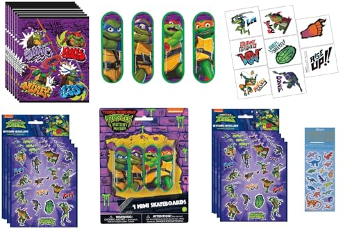 Unique TMNT Teenage Ninja Turtles Geburtstagsparty-Zubehör, Paket enthält 8 Beutetaschen, 8 Mini-Skateboards, 8 Aufkleberbögen, 8 Tattoos, 1 Dinosaurier-Aufkleberbogen