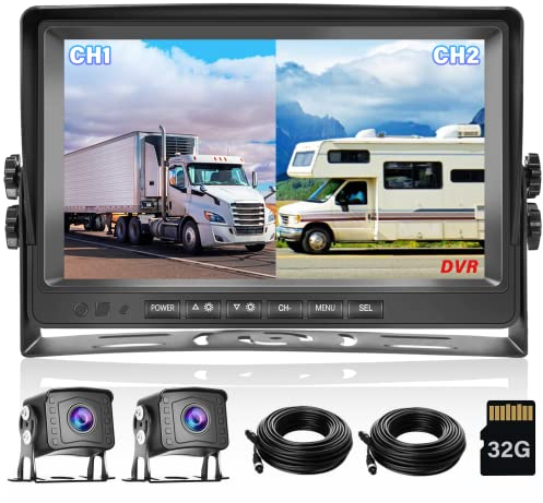 Kit Telecamera di Retromarcia, Monitor HD da 9 pollici + 2 Telecamera Posteriore IP69 Impermeabile, Kit Telecamera e Monitor di Backup per Camion Furgone Rimorchio Autobus