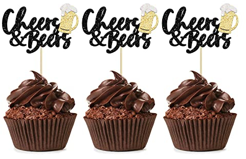 24 Pack Cheers and Beers Cupcake Toppers Glitter Beer Mug Cake Pick Decorations for Baby Shower Birthday Beers Festival Themed Party Supplies