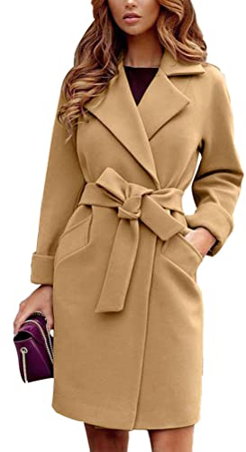 shownicer Damen Mantel Elegant Lang Wollmantel Mode Langarm Umlegekragen Einfarbig Trenchcoat Warme Outwear Herbst Winter Jacke mit Gürtel A Khaki L