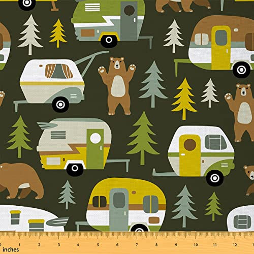 Fröhliches Campen Stoff Meterware Wohnmobil RV Polsterstoff Ckunstoon Baum Bär Dekorativer Stoff Wildtiere Pflanzen Drinnen Draußen Stoff DIY Kunst Wasserdichter Stoff Grün Gelb 184 x 150 (HxB)