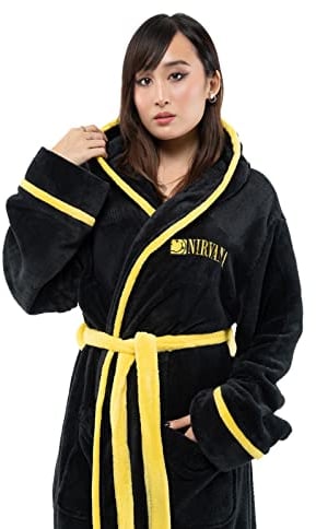 Nirvana Bademantel Gelb Smile Band Logo offiziell Schwarz super Soft Fleece S