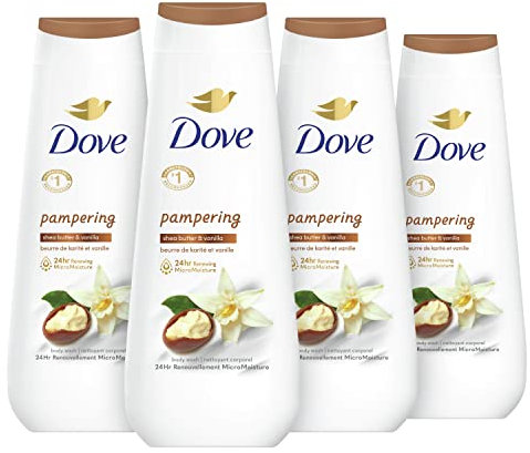 Dove Lot de 4 gels douche au beurre de karité et à la vanille pour un nettoyage de la peau renouvelé et sain avec MicroMoisture renouvelable 24 heures 590 ml