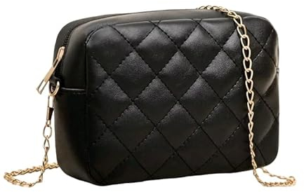 Kleine Tasche mit Kette, gepolsterte Umhängetasche, schwarz, mit Reißverschluss, Modell Fashion, Schwarz