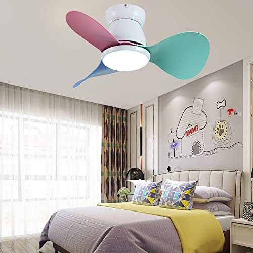 Ventilador De Techo Pequeño para Niños con App Y Mando A Distancia Diseño Moderno Luz De 3 Colores 6 Velocidades De Aire para Habitación Infantil Salón con Temporizador-Color