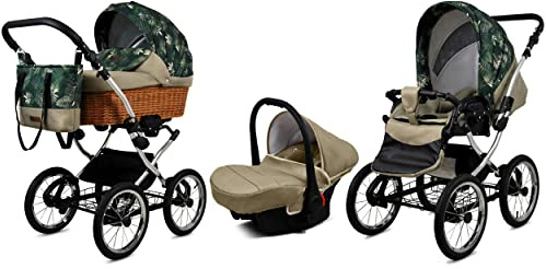 BabyLux Kinderwagen 3in1 mit Autositz für Kleinkinder – Kinderwagen für Neugeborene und Kleinkinder –– Baby Neugeborenen Kinderwagen – 59x105x125cm – Max 15kg – Fern Leaf Silver Frame