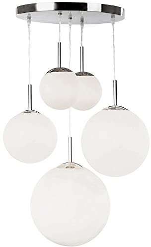 GLOBO Hängelampe Esstisch Pendelleuchte modern Wohnzimmerlampe silber, Hängeleuchte 5-flammig Design Glas Kugel opal, Metall, 5x E27 Fassung, DxH 50x90 cm