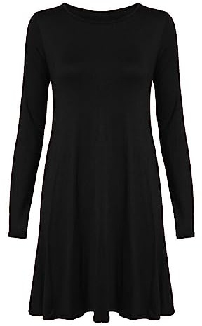 LUXFAB Womens Plain Long Sleeve Stretch A Line Skater Dress – Flared Swing Tunic Top – Plus Size Casual T-Shirt Dress UK Sizes 8-26 Lightweight Stretch Black