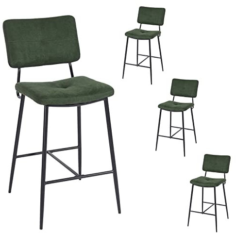 MEUBLE COSY Lot de 4 Tabouret de Bar avec Dossier et Repose-Pieds, Siège Rembourrés de 69 cm de Haut, Cadre en métal, Chaises Hautes en Tissu, Style Industriel, Vert