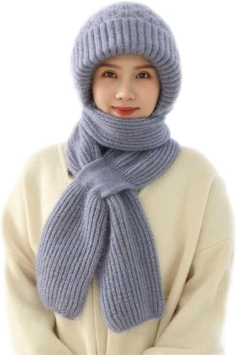 CHENRI Damen Verdickter Warmer Einteiliger Hutschal, 2 in 1 Winterschal Mütze, Integrierter Gehörschutz Winddichte Mütze Schal, Winter Warm Strickmütze, Kapuzenschal für Frauen (1, Blau, Eine Größe)