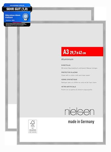nielsen Bilderrahmen, 29,7 x 42 cm (A3) (2er Set), Aluminium, Silber matt, Posterrahmen zum Aufhängen im Hoch- & Querformat, bruchsicheres Kunstglas, Atlanta