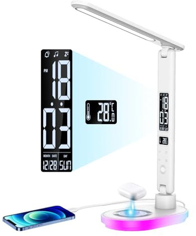 CCHKFEI Einstellbar Schreibtischlampe mit Uhr,LED Touch Tischlampe Dimmbar mit 10W Wireless Charger und USB Ladefunktion, 3 Farbmodi mit Touch Lampe mit Temperatur Datum RGB für Lesen Home Office