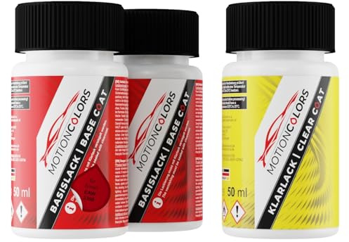 MOTIONCOLORS Carmine Red Metallic EAW / 3398 für Smart Autolack Lackstift Set Grundlack Basislack Klarlack je 50ml