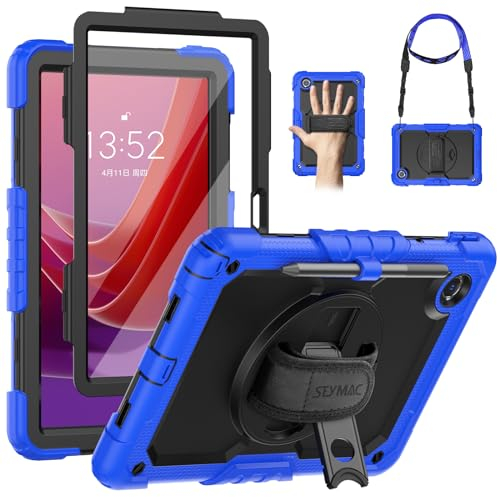 SEYMAC Funda para Lenovo Tab M11 2024 (TB-330FU/TB-331FC), Funda para Lenovo Tablet M11 a Prueba de Golpes con Protector de Pantalla, Soporte Giratorio de 360°, Correa para el Hombro, Azul