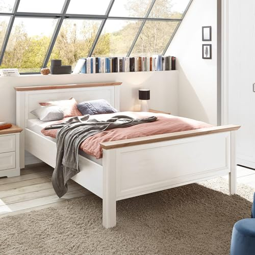 Lomadox Bettgestell Bett Jugendbett 140x200 cm Pinie weiß mit Eiche