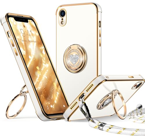 XYZ iPhone XR Case with Stand, Heart Lanyard for Women, Luxury Cute Bling Protective Cover, White