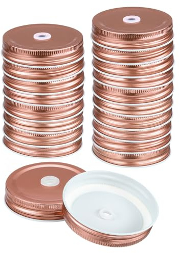 QUARKZMAN 30 Stück Einmachglas Deckel mit Strohhalm Loch 70mm Weißblech Einmachglas Deckel Passend Normal Mund Deckel Set Wiederverwendbar für Heimwerken Trinken Lagerung Rosé Gold