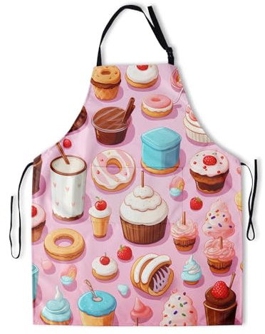 Lrtyuasq Bunte Schürze mit 2 Taschen, Malschürzen für Erwachsene, Kunst, Lätzchen, Schürzen, Kochen, Grillen, Backen, Grillschürze, Pinkes Dessert-Muster, One size