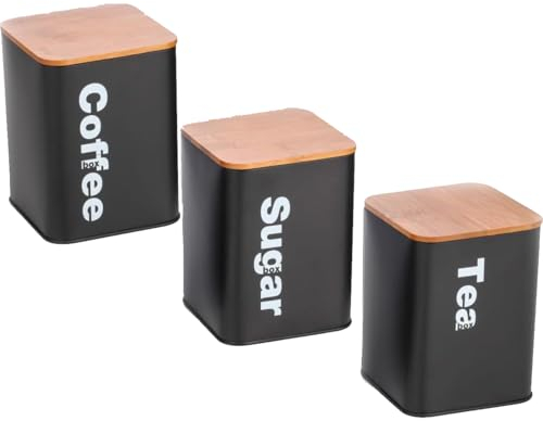 Almineez Retro Set of 3 Stainless Steel Tea Coffee Sugar Jar Canisters Kitchen Container Tins Storage Organiser Set With Bamboo Air Tight Lids Vintage Design (Black)