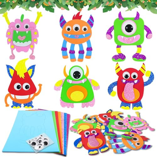 Tutukyle 12 Monster Bastelset Kinder, Moosgummi Bastelset Kinder 3 4 5 6 7 8 9 10 11 12 Jahre mit Bunt Moosgummi Selbstklebend und Wackelaugen Selbstklebend für Jungen Mädchen