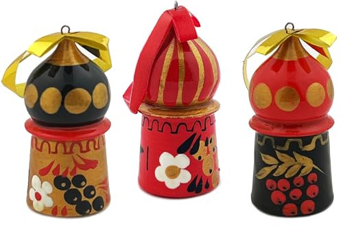 Needzo Handgefertigte russische Weihnachtsschmuck Kirchenkuppeln aus Holz, handgeschnitzt und bemalt mit Khokhloma-Designs, 5,1 cm, Weihnachtsschmuck