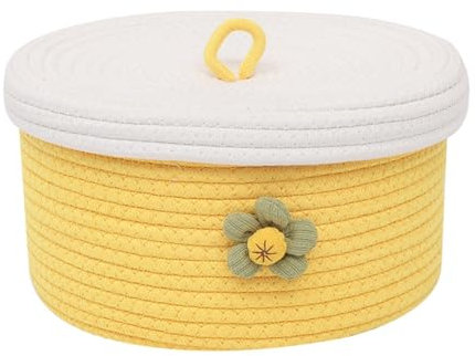 Nvanvmm 1 Pcs Small Cotton Rope Basket with Lid Round Woven Baskets Decorative Storage Baskets for Organizing Easy to Use Yellow