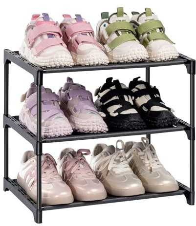 Keoudier Schuhregal mit 3 Ebenen, Schuhregal Platzsparend Schmal Schuhregale Klein Schuhaufbewahrung,Schwarz Stapelbar Metall Schuhablage für Flur, Eingang, Schrank, Schmaler Raum