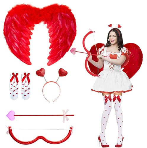 Vmxlso Amor Kostüm Damen, Amor Kostüm Accessoires mit 60cm Amor Flügel, Amor Pfeil und Bogen, Herz Haarreif, Herzbrille, Strümpfe mit Schleife, Cupid Costume für Karneval Valentinstag Halloween Party