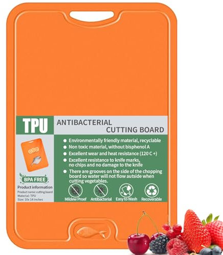 36.5*25*0.3cm Tagliere Flessibile TPU con Scanalature per Il Succo, Taglieri Cucina Antigraffio, Lavabile Lavastoviglie, Tagliere Manico Antiscivolo, Taglieri Sottile per Frutta, Verdura(Arancione)