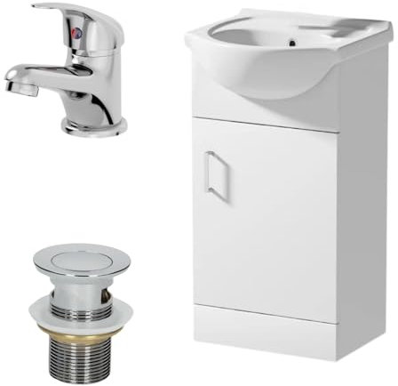 Affine® 450mm Bathroom Vanity Unit Ceramic Sink Floorstanding Storage Cabinet Cupboard & Essentials Basin Tap & Waste Set, White Gloss