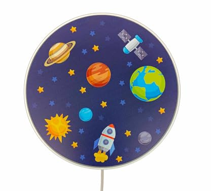 meineWunschleuchte Kinderzimmer Wandlampe mit Schalter & Stecker Ø 25cm, Weltallmotiv aus Kunststoff mit Kabel & E14 LED, Kinder Wand Nachttischlampe