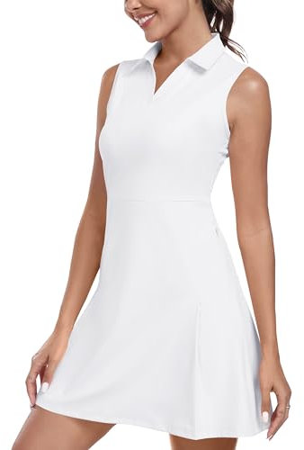 MoFiz Tenniskleid mit Hose Damen Ärmellos V-Ausschnitt Sommer Golf Sportkleider Freizeitkleider Polokleid mit Reißverschlusstaschen Weiß EU S
