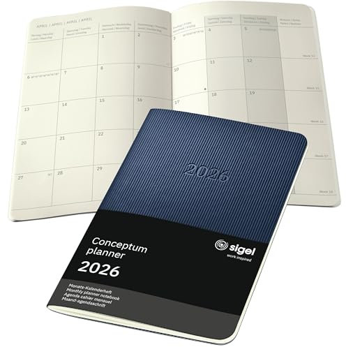 SIGEL C2687 Monats-Kalenderheft Monatsplaner 2026, ca. A6, dunkelblau, Softcover, 2 Seiten = 1 Monat, 64 Seiten, Quickpocket, aus nachhaltigem Papier, Conceptum