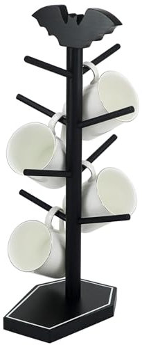 RSSCIIIUL Bat Mug Holder Tree - 8 Hooks Coffee Mug Rack - Gothic Home Decor Wood Coffee Mug Tree for Countertop - Coffee Cup Holder for Halloween Kitchen Organizer & Coffee Bar Accessories (Coffin)