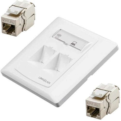 Premium RJ45 Ethernet Wall Socket | Single/Dual RJ45 Faceplate Set with Premium CAT8/CAT7/CAT6A Shielded Keystone Jack 10/40 Gbps/POE/Fits UK Backbox (Dual RJ45, CAT 6A (Shielded))