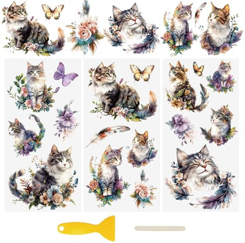 WANDIC 3 Bogen UV DTF Cup Warp Transfer Stickers, Katzen Blumen 3D Muster Rub on Aufkleber, Wasserdicht, Glas, Handarbeiten, Möbel, DIY Kunsthandwerk, Dekorieren für Bastelglas, 15x30 cm