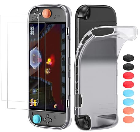 Clear Soft Case for Nintendo Switch 2(2025), Integrated TPU Protective Cover with 2 Screen Protectors & 8 Thumb Grips for Switch 2 Console, Shock-Proof, Anti-Scratch Transparent Shell Accessories Kit