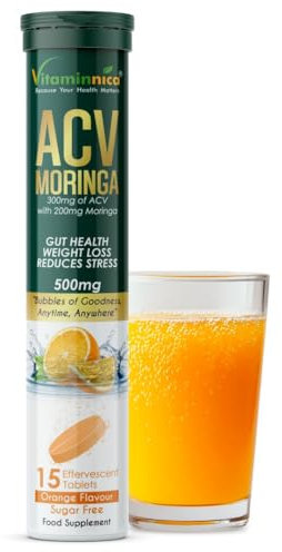 Vitaminnica ACV Moringa 15 Effervescent Tablets 500mg Apple Cider Vinegar with No Added Sugar for Gut Health | Weight Loss | Reduces Stress | Orange Flavour (1)