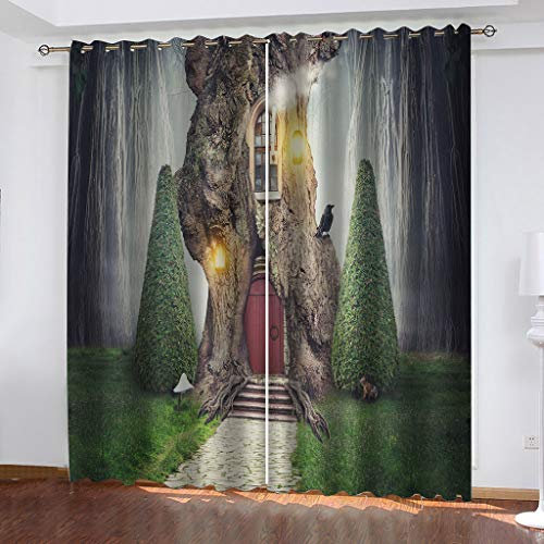 OUSIKA Curtains 3D Fantasy Forest Treehouse Blackout Eyelet Curtain Room Darkening - Printed Thermal Insulated 62x78Inch Living Room Bedroom, Window Treatment 2 Panels, Noise Reducing