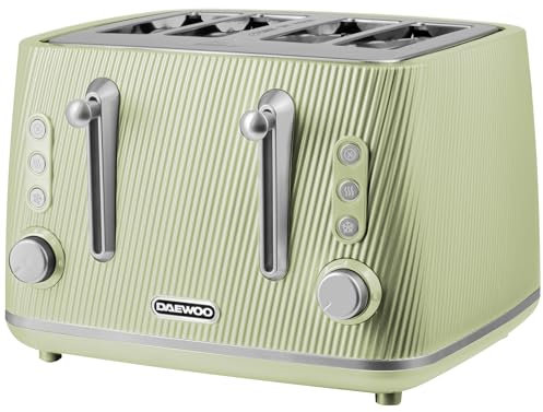 Daewoo Cascade 4 Slice Toaster – Sage Ribbed Finish, Dual Independent Controls, Adjustable Browning, Cancel, Reheat & Defrost Functions, Removable Crumb Trays