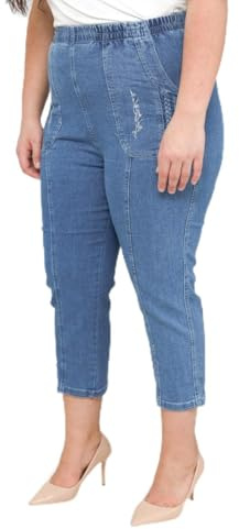 femiss Pantacourt 3/4 pour femme avec élastique - Pantalon court 3/4 doux d'été - Grande taille, bleu denim, 50