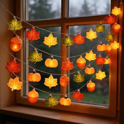 TETSMG Lichterkette Herbst, 1,5 M 10 LED Herbstdeko Lichterkette Batterie, Herbst Kürbis Deko Lichterketten Innen, Herbst Deko Ahornblatt Eichel Kürbis Licht für Erntedankfest Party Dekoration
