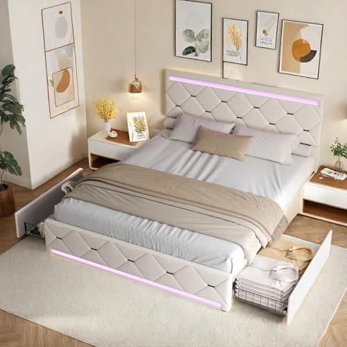 Dormely Lit Coffre 140x190 avec 4 tiroirs, Lit Double rembourré avec Lumières LED et Port USB, Cadre de lit avec Sommier à Lattes, pour Adultes et Adolescents, Blanc Tissu en Velours, sans Matelas