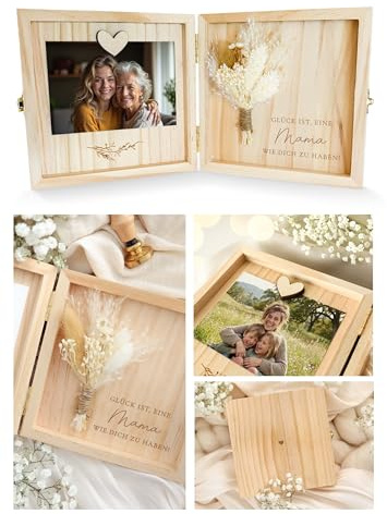 Joli Coon Mama Geschenk, Holzbox mit Spruch, 14 x 14 x 3 cm | Echte Trockenblumen, Magnet für Foto, Glück ist es eine Mama wie Dich zu haben, als Erinnerungsbox aufstellbar