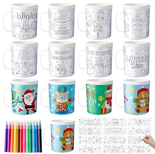 JAPBOR Winter Color Your Own Mugs - 12 Set DIY Christmas Coloring Cups Craft for Kids, 10 oz Xmas Coffee Mugs with 36 Insert Paper and 12 Color Pen for School Class Winter Holiday Party Supplies