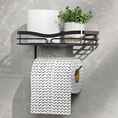 ZUNTO Toilet Roll Holder with Shelf, Self-Adhesive Stainless Steel Toilet Paper Holder for Bathroom, Adhesive or Drilling Installation, Black
